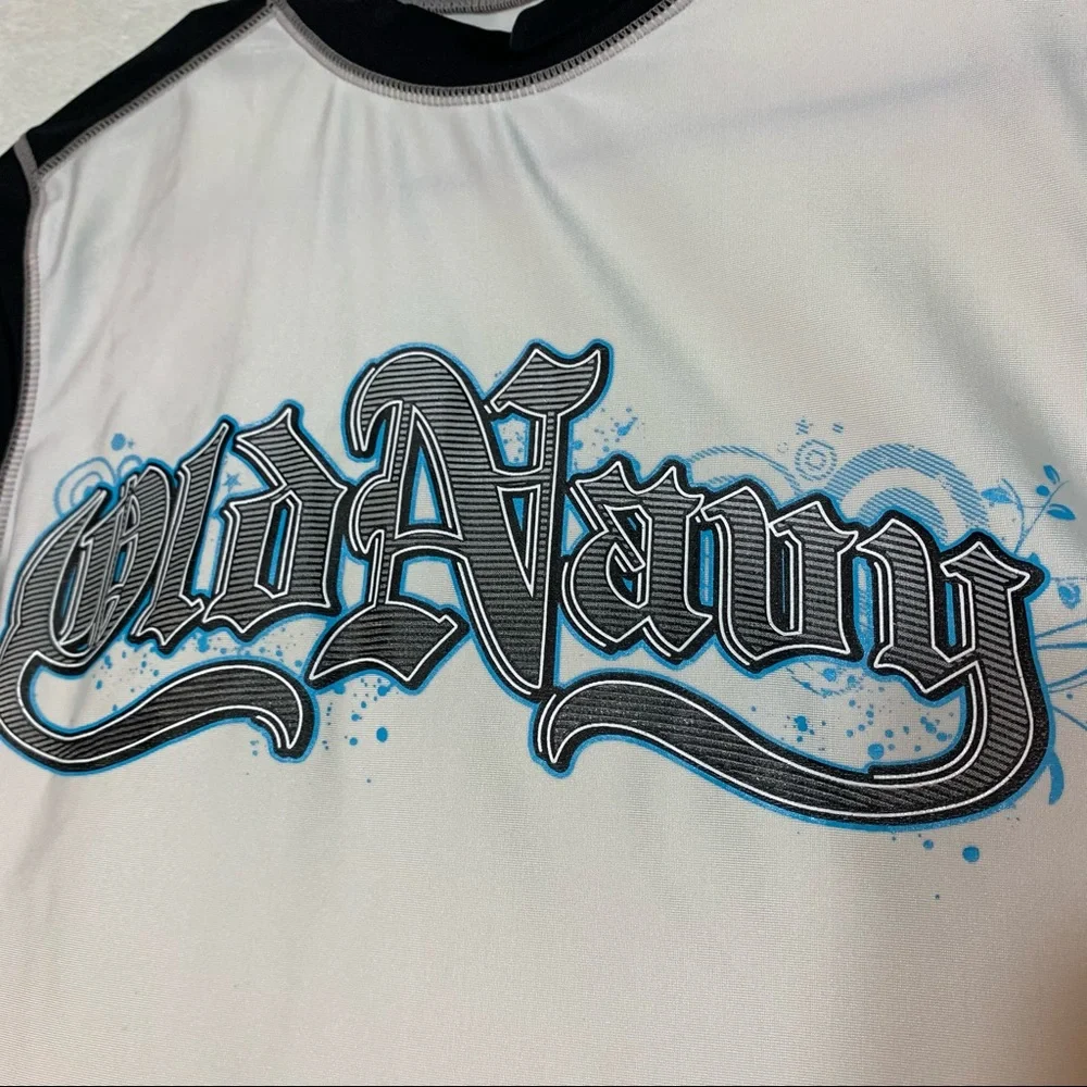 🐶 Old Navy White Tee with Black Raglan Sleeves and Blue Script Logo kid